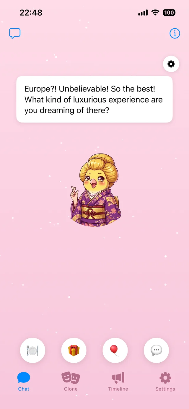 Mirio chat screen — Ikko in a kimono says hello